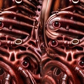 29 biomechanical bioorganic reddish brown muscles flesh eyes demons aliens monsters body horror sci-fi science fiction futuristic heavy metal Eldritch Halloween scary horrifying morbid macabre spooky eerie frightening disgusting grotesque death metal art 