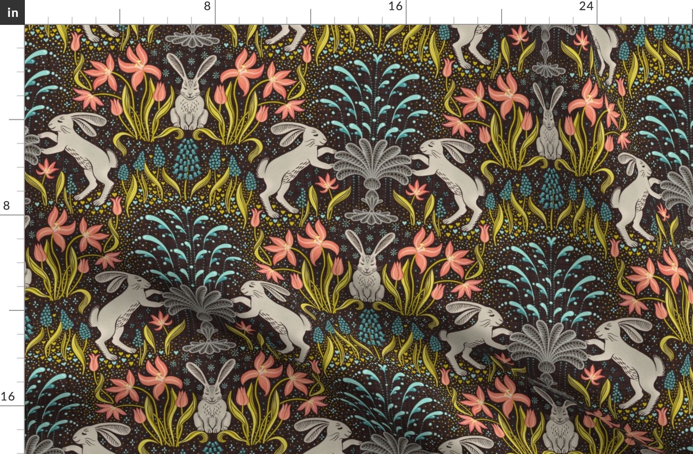 year of the water rabbit - rabbits at the fountain / dark linen - medium scale