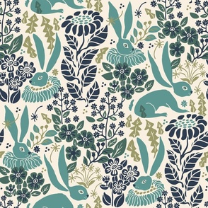 Blue rabbits in spring garden (lunar year)_ivory background_large scale_for bedding.  