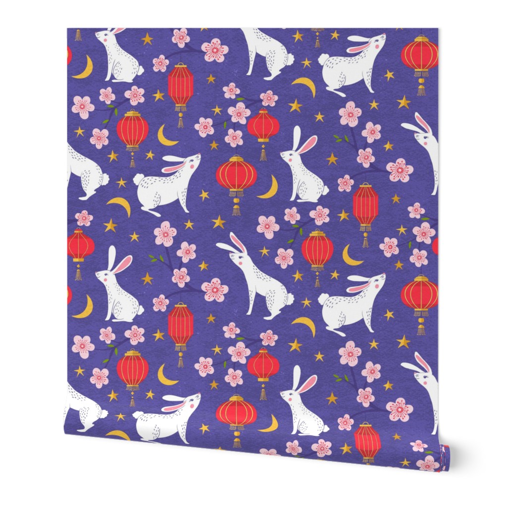 Large, Rabbits with Lanterns and Cherry Blossoms on Purple
