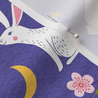 Large, Rabbits with Lanterns and Cherry Blossoms on Purple