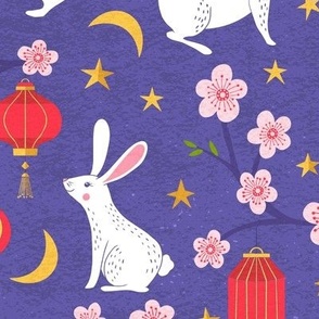 Large, Rabbits with Lanterns and Cherry Blossoms on Purple