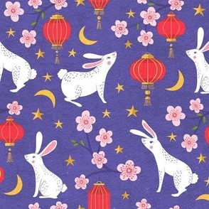 Small, Rabbits with Lanterns and Cherry Blossoms on Purple