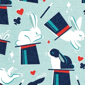 Large jumbo scale // Magic rabbits // aqua background pull a rabbit of the hat red hearts and ribbons