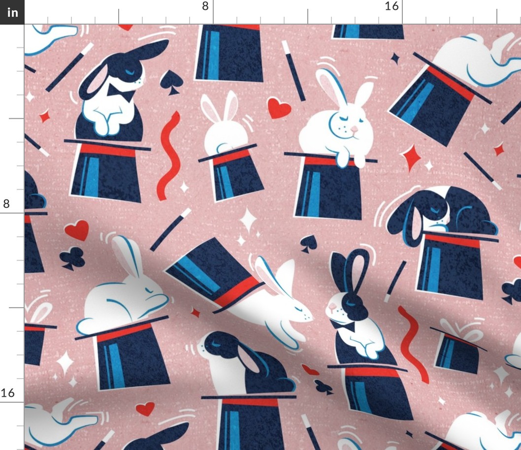 Normal scale // Magic rabbits // blush pink background pull a rabbit of the hat red hearts and ribbons