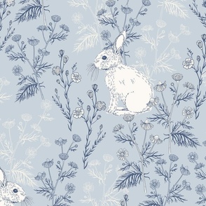 Backyard Bunnies Soft Baby Blue, Large Scale, Grandmillennial Nursery, Rabbits and Plants in Light Blue