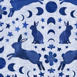 Lunar Blue Bunnies - Large Scale - Year of The Rabbit Bunny Moon Celestial Stars Flowers