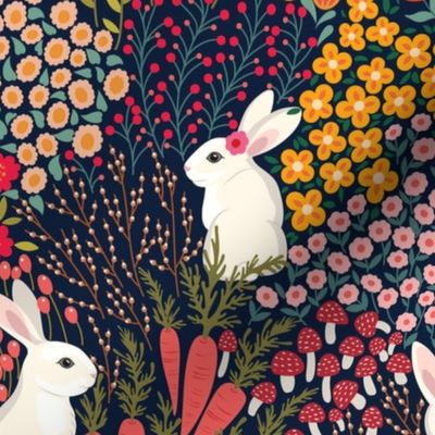 medium // Rabbits at play Easter fabric on navy