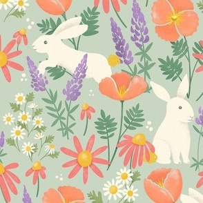 Bunnies & Blooms // White Rabbits with Colorful Floral Blooms in Coral, Purple, and Orange on an Aqua Background // Medium Scale