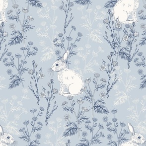 Backyard Bunnies, Soft Baby Blue, Smaller Scale, Rabbits and Plants in Light Blue 