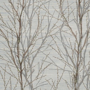 Grasscloth-Ernesto Trees- Mixed Media on Cream-Blue Grasscloth Wallpaper 