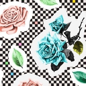 '80s Cut Roses (Cream) || flowers & leaves on retro check