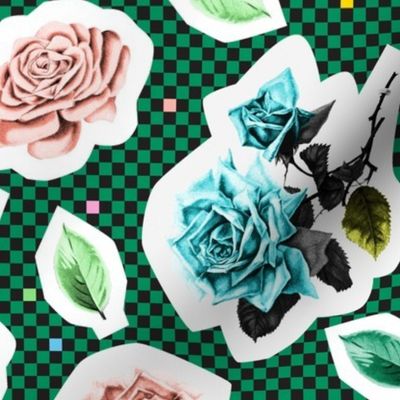 '80s Cut Roses (Spearmint) || flowers & leaves on retro check