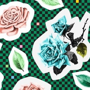 '80s Cut Roses (Spearmint) || flowers & leaves on retro check
