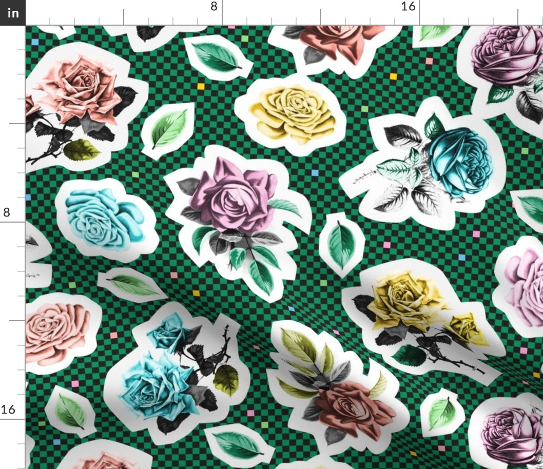 '80s Cut Roses (Spearmint) || flowers & leaves on retro check