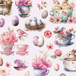Pastel  Spring Easter Floral Watercolor Teacup Bunny Pattern