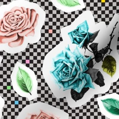 '80s Cut Roses (Silkscreen) || flowers & leaves on retro check