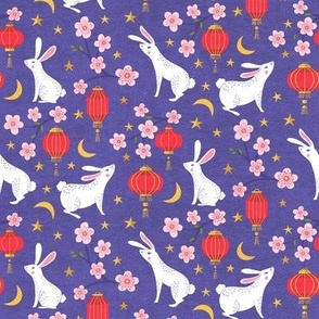x-small, Rabbits with Lanterns and Cherry Blossoms on Purple