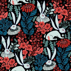 Strange white rabbits in a flower garden_moody (red, blue and green on black) for bedding.
