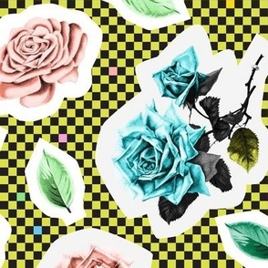 '80s Cut Roses (Lime) || flowers & leaves on retro check