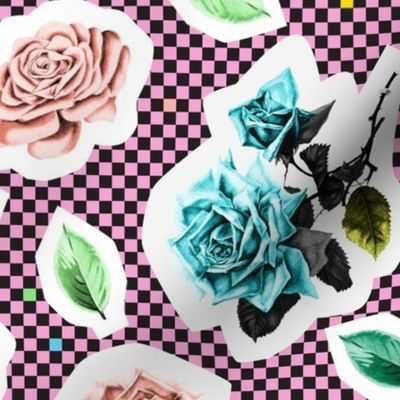 '80s Cut Roses (Bubblegum) || flowers & leaves on retro check