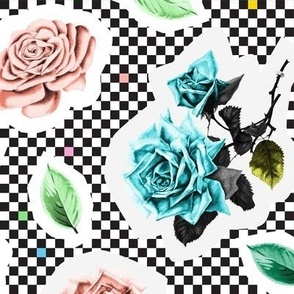 '80s Cut Roses || flowers & leaves on retro check