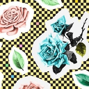 '80s Cut Roses (Yellow) || flowers & leaves on retro check