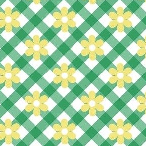 Smaller Scale - Cottagecore Vintage Daisy Gingham Plaid in Green + White
