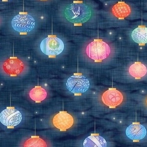 Paper Lanterns and Fireflies | Chinese lanterns on an indigo blue shibori linen background, Chinese New Year, Lunar New Year, Spring Festival, multicolored lanterns, Korean New Year, patterned lanterns on dark blue.