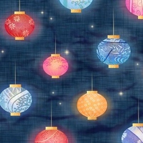 Paper Lanterns and Fireflies (large scale) | Chinese lanterns on an indigo blue shibori linen background, Chinese New Year, Lunar New Year, Spring Festival, multicolored lanterns, Korean New Year, patterned lanterns on dark blue.