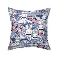 Sakura Bunnies-  Lucky Bunny- Blue- Japanese Good Luck Talisman- Cherry Blossom- Navy Blue- Indigo Blue- Spring Hare- Hares- Rabbit- Rabbits- Medium