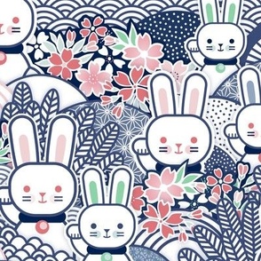 Sakura Bunnies-  Lucky Bunny- Blue- Japanese Good Luck Talisman- Cherry Blossom- Navy Blue- Indigo Blue- Spring Hare- Hares- Rabbit- Rabbits- Medium