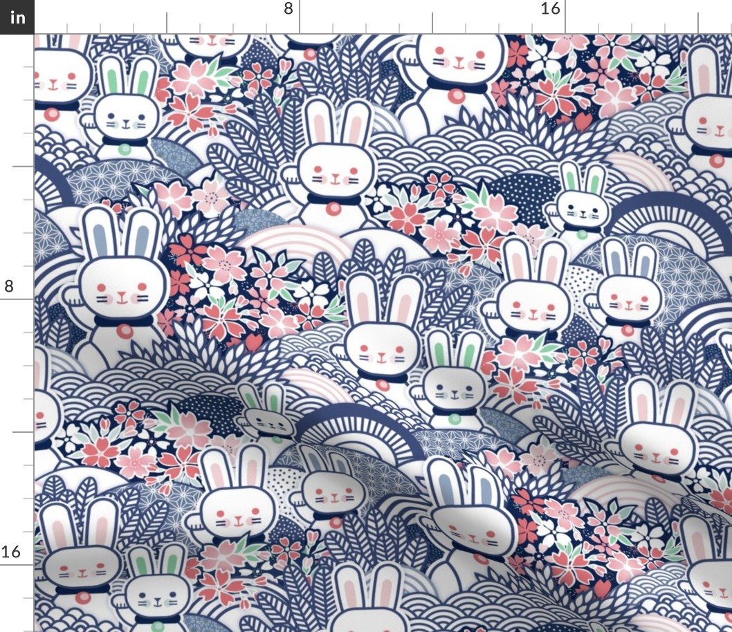 Sakura Bunnies-  Lucky Bunny- Blue- Japanese Good Luck Talisman- Cherry Blossom- Navy Blue- Indigo Blue- Spring Hare- Hares- Rabbit- Rabbits- Medium