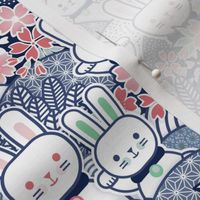 Sakura Bunnies-  Lucky Bunny- Blue- Japanese Good Luck Talisman- Cherry Blossom- Navy Blue- Indigo Blue- Spring Hare- Hares- Rabbit- Rabbits- Small