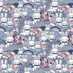 Sakura Bunnies-  Lucky Bunny- Blue- Japanese Good Luck Talisman- Cherry Blossom- Navy Blue- Indigo Blue- Spring Hare- Hares- Rabbit- Rabbits- sMini