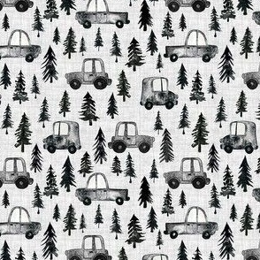 Trucks and Trees - Ditsy Scale - Linen Background Watercolor Black and White Woodland Forest