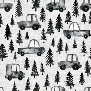 Trucks and Trees - Small Scale - Linen Background Watercolor Black and White Woodland Forest