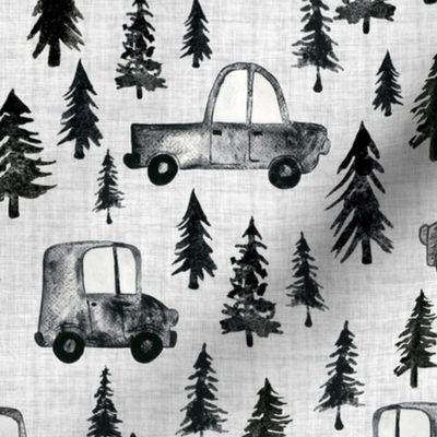 Trucks and Trees - Medium Scale - Linen Background Watercolor Black and White Woodland Forest