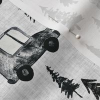 Trucks and Trees - Medium Scale - Linen Background Watercolor Black and White Woodland Forest