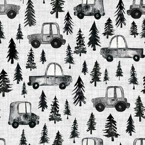 Trucks and Trees - Medium Scale - Linen Background Watercolor Black and White Woodland Forest