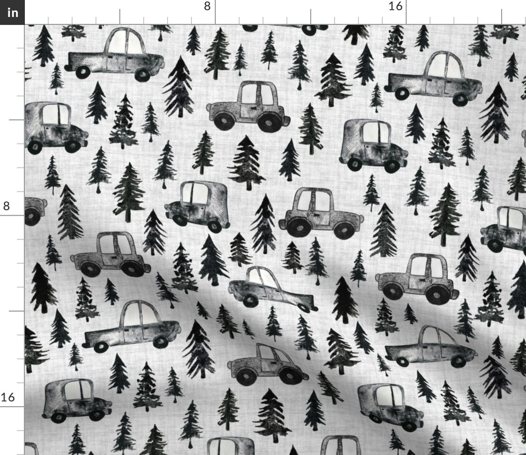 Trucks and Trees - Medium Scale - Linen Background Watercolor Black and White Woodland Forest