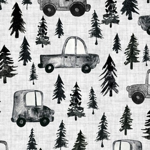 Trucks and Trees - Large Scale - Linen Background Watercolor Black and White Woodland Forest