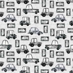 Cars and Trucks with Road Signs - Ditsy Scale - Linen Background Black and White Watercolor