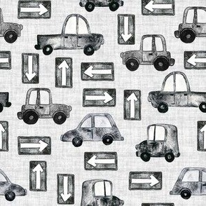 Cars and Trucks with Road Signs - Small Scale - Linen Background Black and White Watercolor