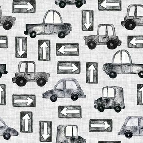 Cars and Trucks with Road Signs - Medium Scale - Linen Background Black and White Watercolor