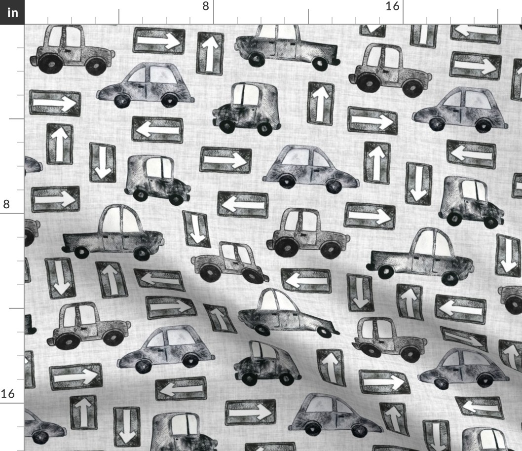 Cars and Trucks with Road Signs - Medium Scale - Linen Background Black and White Watercolor