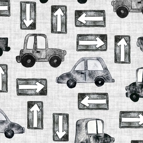 Cars and Trucks with Road Signs - Large Scale - Linen Background Black and White Watercolor
