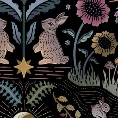 Sacred woodland rabbits everywhere - rabbit, warren, moon, flower- muted jewel tones on black - mid-large
