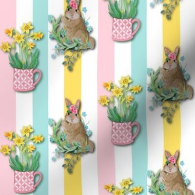 Bunny with Daffodils and Forget me nots // Spring flowers and rabbits in watercolor on pastel stripes
