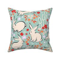 (M) Retro Boho Whimsical Rabbits in Nature - Spring Easter 1. Teal